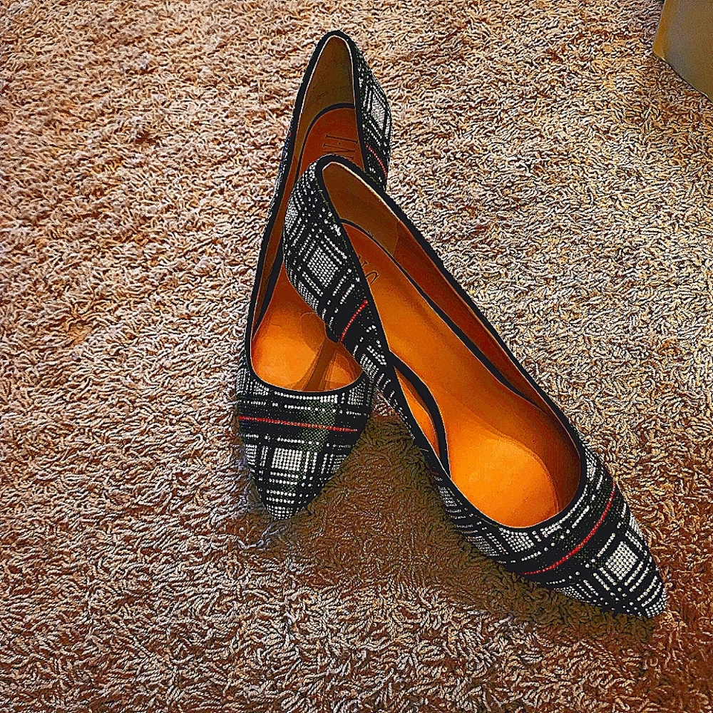 INC rhinestone plaid pumps